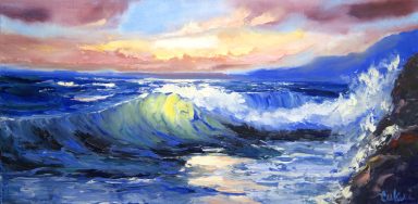 Gemälde Große Welle bei Abendlicht – Maritive Kunst auf Leinwand