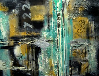 Abstraktes Kunstwerk mit Text und Zahlen Blau Gelb – Collage Stil