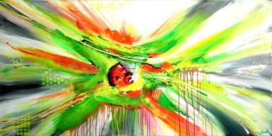 Farbenfrohes abstraktes Kunstwerk Grün Gelb und Rot – Dynamisch