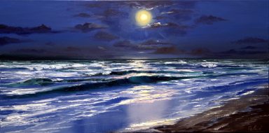 Nacht am Meer Ölgemälde Vollmond und Wellen – Maritime Kunst
