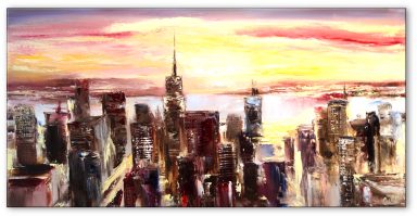 Skyline bei Dämmerung Ölgemälde – Moderne Stadtlandschaft