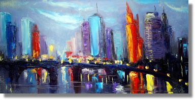 Großstadt Skyline bei Nacht Ölgemälde – Moderne Kunst