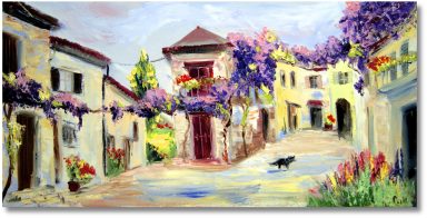 Südländisches Haus mit Blumen Ölgemälde – Mediterrane Kunst