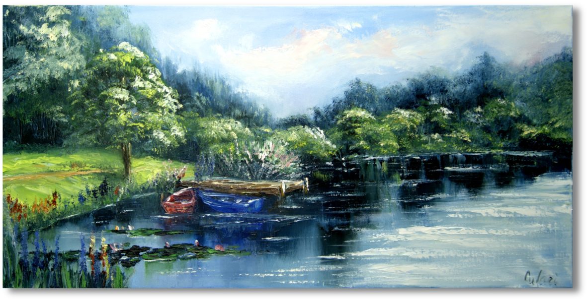 Flusslandschaft im Wald Ölgemälde – Natur Kunst