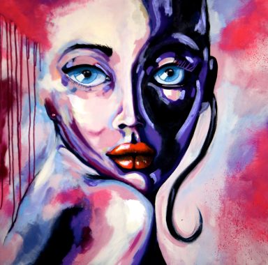 Abstraktes Porträt Frau in Blau und Rot – Acrylmalerei