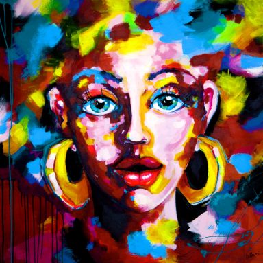 Farbenfrohes Pop-Art Frauenporträt – Modernes Gemälde