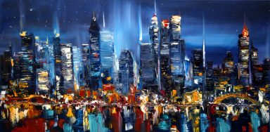 Großstadt Skyline bei Nacht Ölgemälde – Bunte Lichter und Wolkenkrat