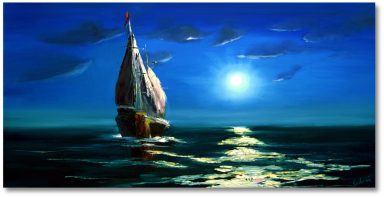 Segelschiff auf ruhiger See bei Nacht Ölgemälde – Maritim