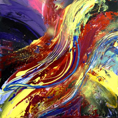 Abstraktes Gemälde Farbexplosion Blau Rot Gelb – Acrylmalerei