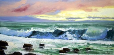 Wellen am Strand bei Sonnenuntergang Ölgemälde – Meeresbrise