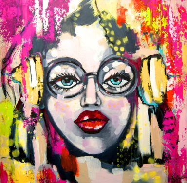 Buntes Frauenporträt mit Brille – Pop Art Stil