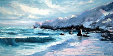 Meereslandschaft Ölgemälde Wellen an Felsenküste – Handgemalt