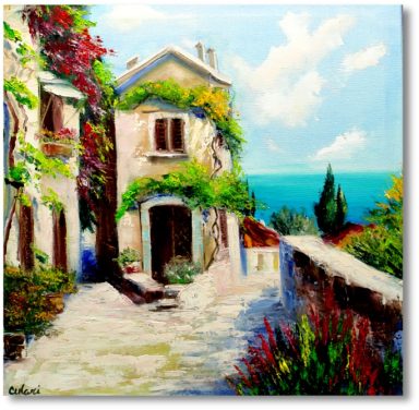 Mediterranes Landhaus am Meer Ölgemälde – Landschaft