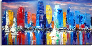 Moderne Skyline am Wasser Ölgemälde – Bunte Reflexionen