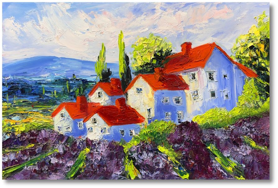 Dorf in den Bergen Ölgemälde – Landschaft