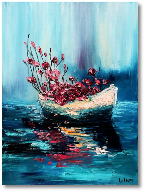 Boot mit Blüten Ölgemälde – Romantische Kunst