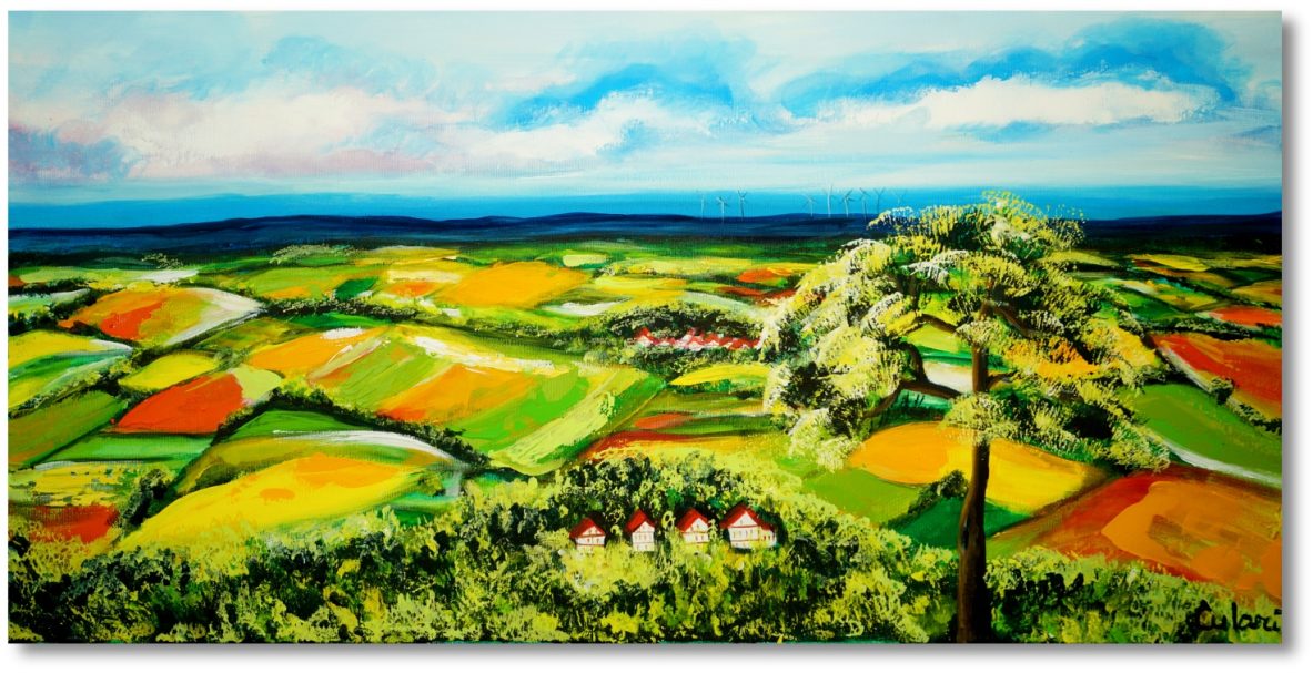 Hügelige Landschaft mit Feldern Ölgemälde – Natur