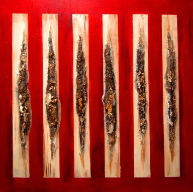 Modernes Kunstwerk Abstrakt Rot und Gold Linien – Handgemalt