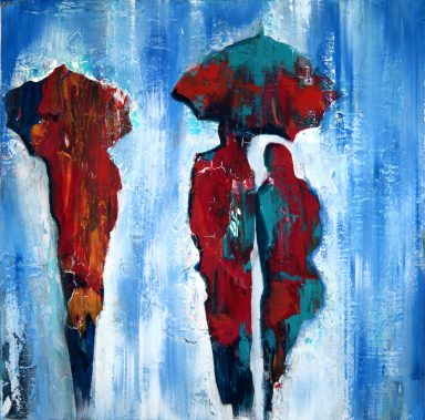 Modernes Acrylbild Abstrakte Figuren Blau und Rot – Kunstwerk
