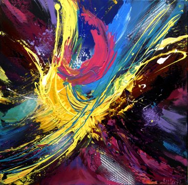 Farbenfrohes abstraktes Kunstwerk Spritzer Blau Gelb – Modern
